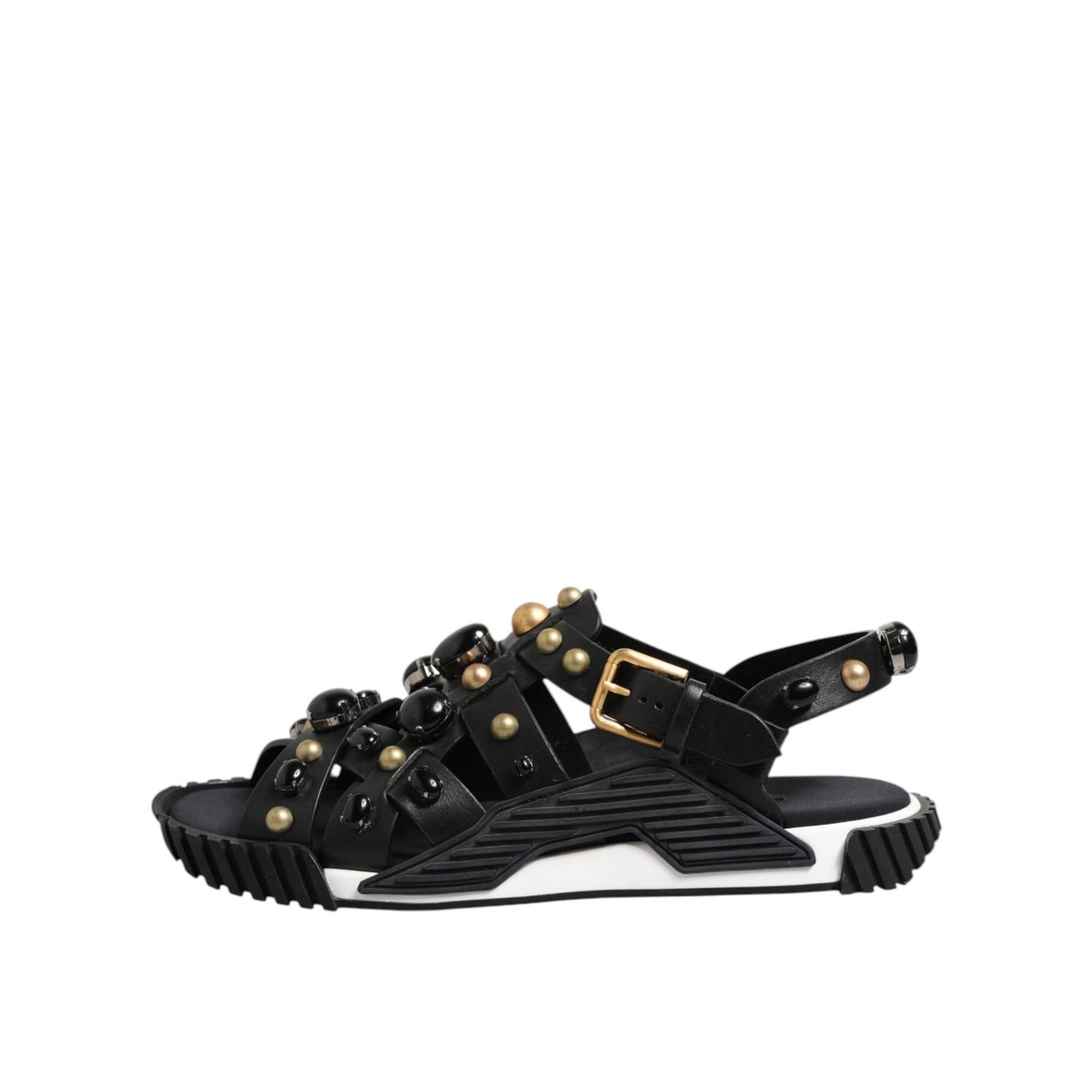 Dolce & Gabbana Black Leather Studded Ankle Strap Sandals Shoes