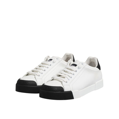 Dolce & Gabbana White Black Logo Leather Lace Up Sneakers Shoes