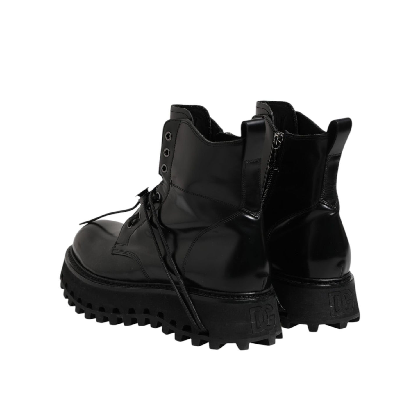 Dolce & Gabbana Black Leather Logo Ankle Boots Lace Up Shoes