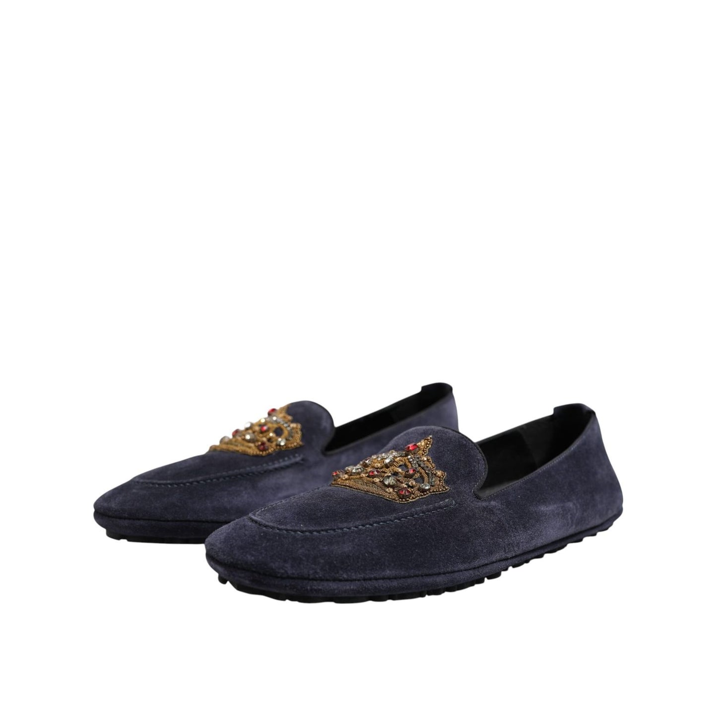 Dolce & Gabbana Blue Suede Crown Crystal Loafers Dress Shoes