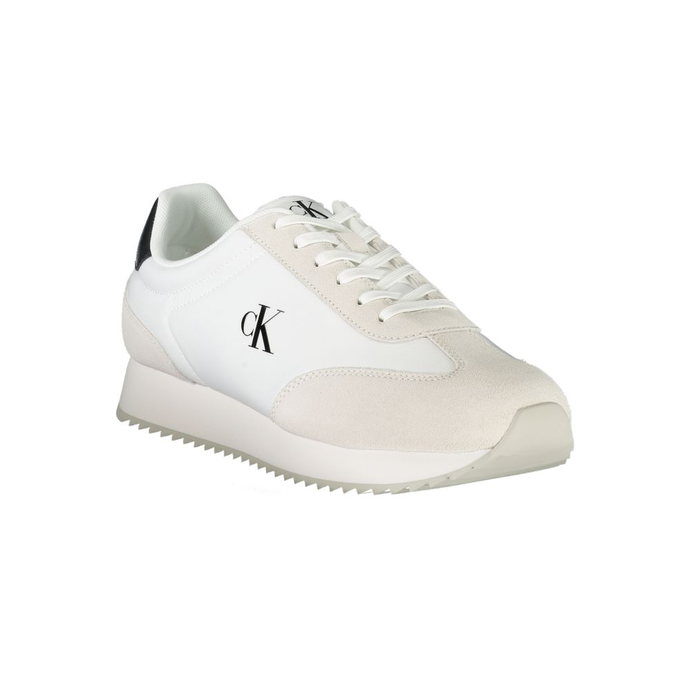 Calvin Klein White Leather Men Sneaker with black details and logo print, showcasing sleek design and comfort.