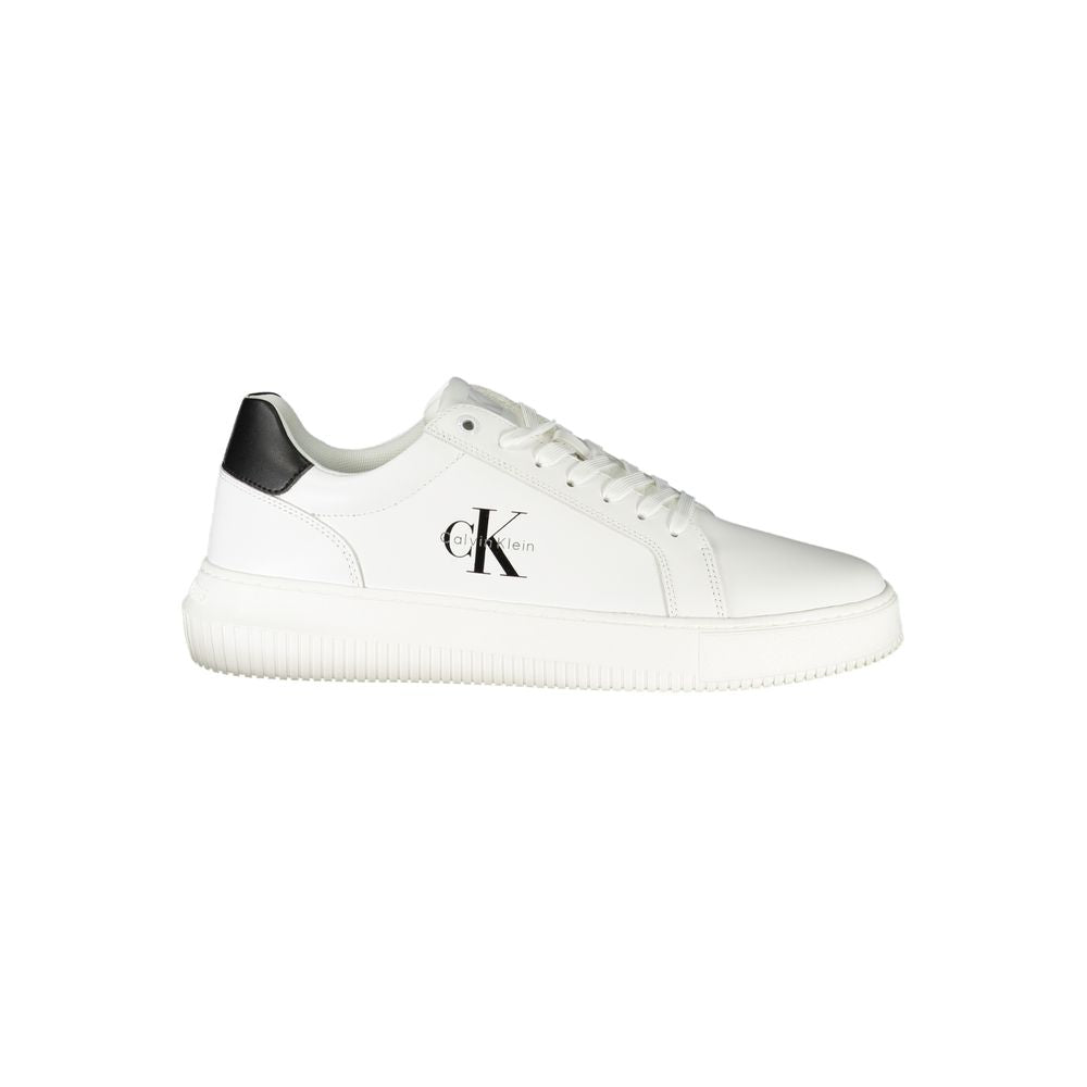 Calvin Klein White Leather Men Sneaker with black accents and logo, featuring removable footbed for comfort and lace-up design for perfect fit.