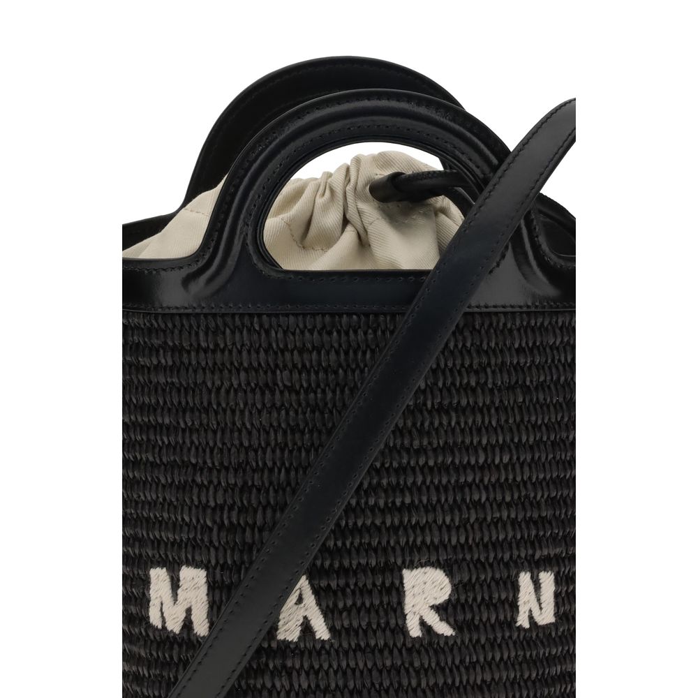 Marni Black Cotton Backet Bag with raffia design, leather handles, and drawstring closure.