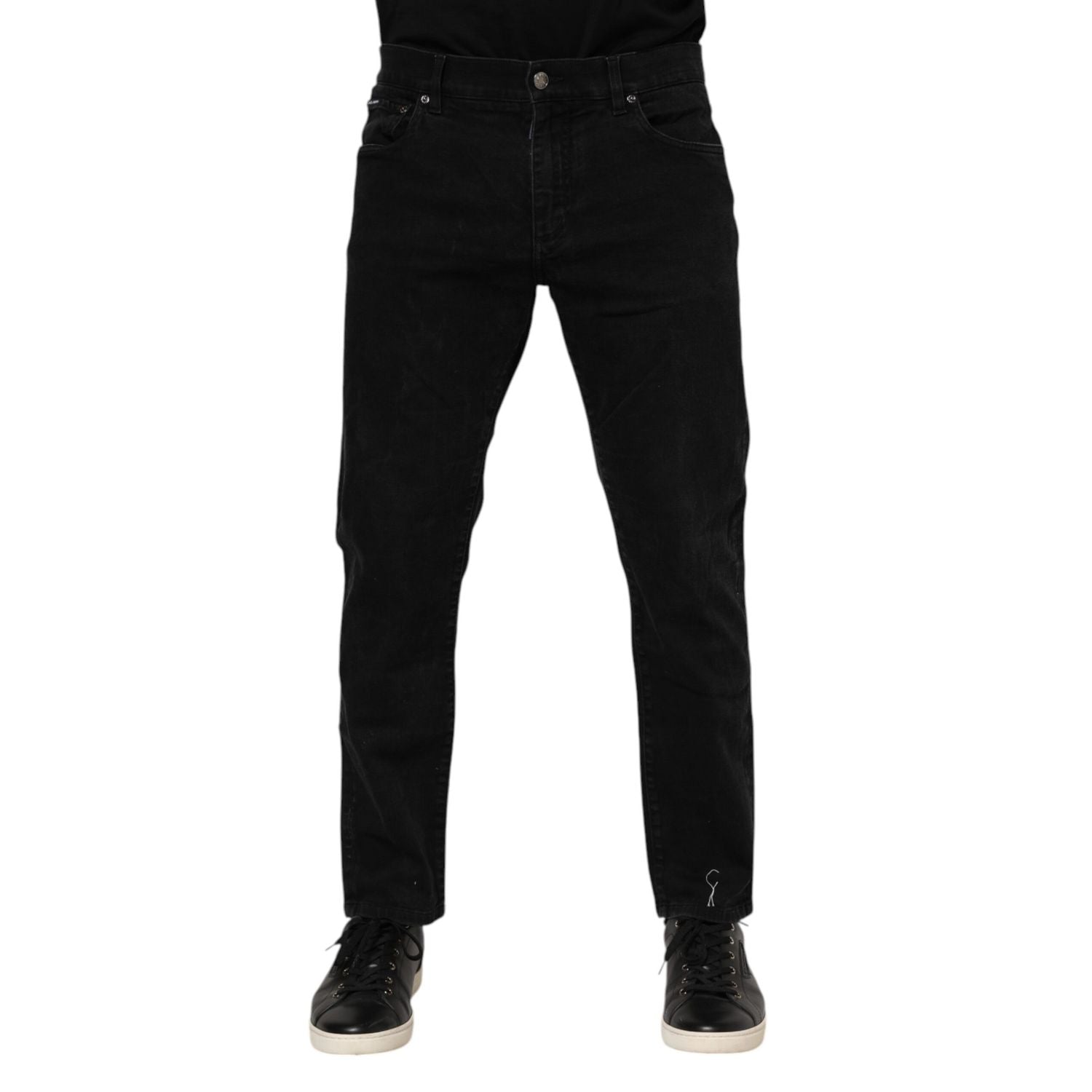 Dolce & Gabbana Black Cotton Logo Plaque Slim Fit Denim Jeans