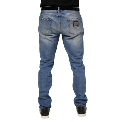 Dolce & Gabbana Blue Washed Tattered Logo Plaque Denim Jeans
