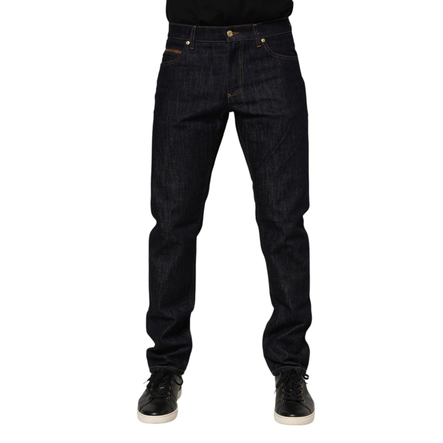 Dolce & Gabbana Dark Blue Cotton Logo Plaque Men Denim Jeans