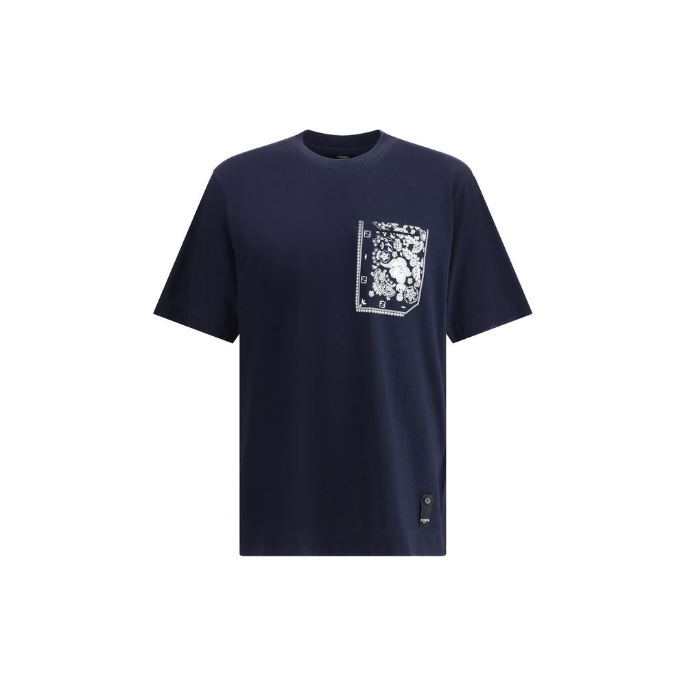 Fendi Blue Cotton T-Shirt with bandana print pocket and monogram patch, AW25 collection, 100% cotton, made in Italy.