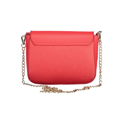 Mario Valentino Red Polyethylene Handbag with chain shoulder strap, external pocket, and logo, featuring zip and magnet closure.