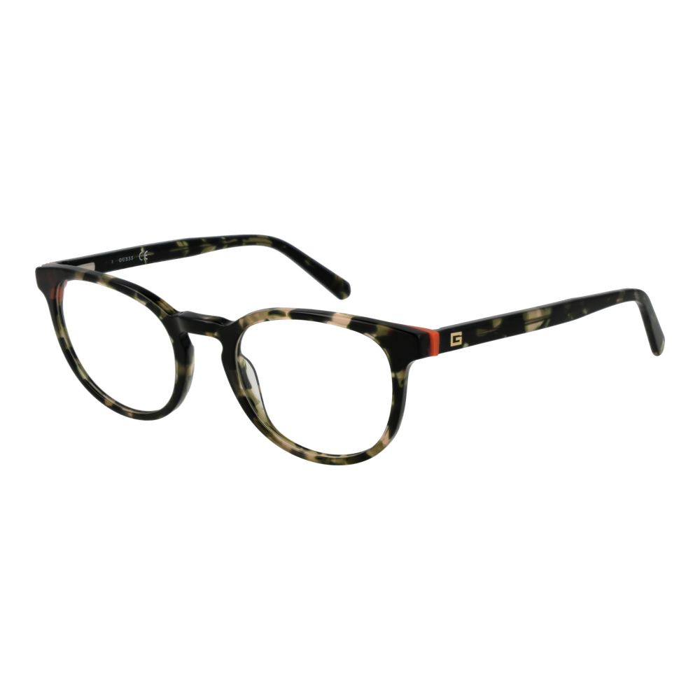Guess Green Men Glasses Frame, acetate full-rim round style with demo lenses, featuring spring hinge, size 49-20-145 with branded case.