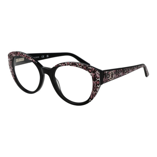 Guess Black Women Glasses Frame, acetate full-rim, black round style, branded case included, spring hinge, size 53-19-140, demo lenses.