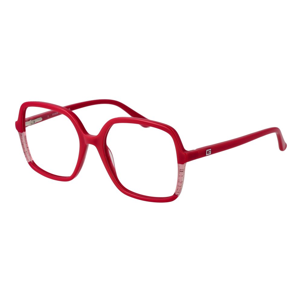 Guess Pink Women Glasses Frame in rose acetate with square full-rim style and demo lenses, showcasing elegant eyewear design.
