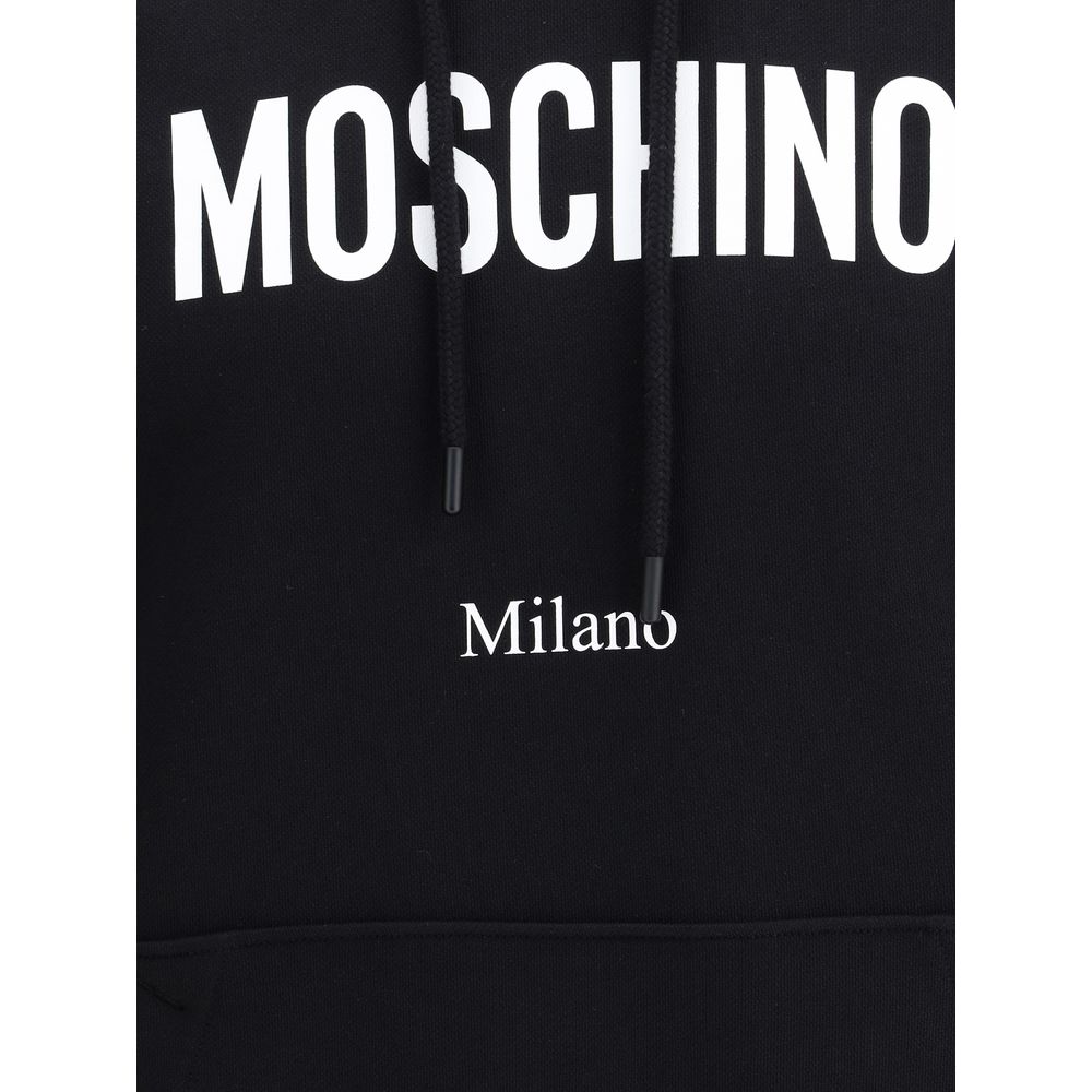Moschino Black Cotton Sweatshirt with monogram print, adjustable drawstring hood and pouch pocket, AW25 collection.