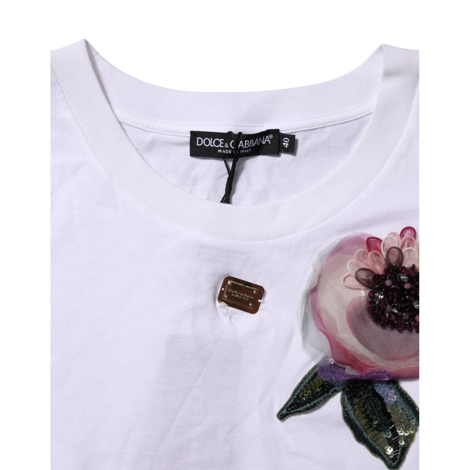 Dolce & Gabbana White Floral Lace DG Detailing Cropped T-shirt