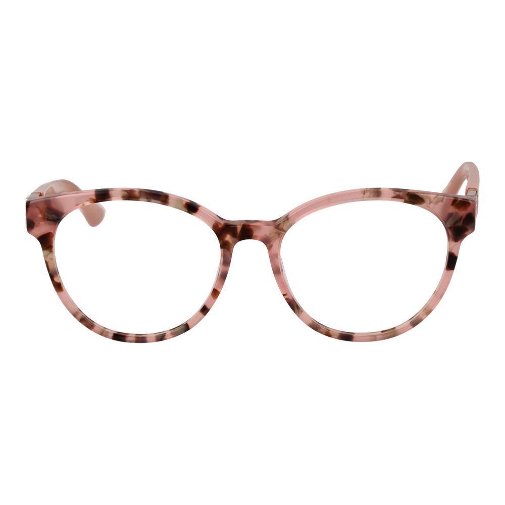 Guess Pink Women Glasses Frame, rose acetate round full-rim style, demo lenses, trendy eyewear.