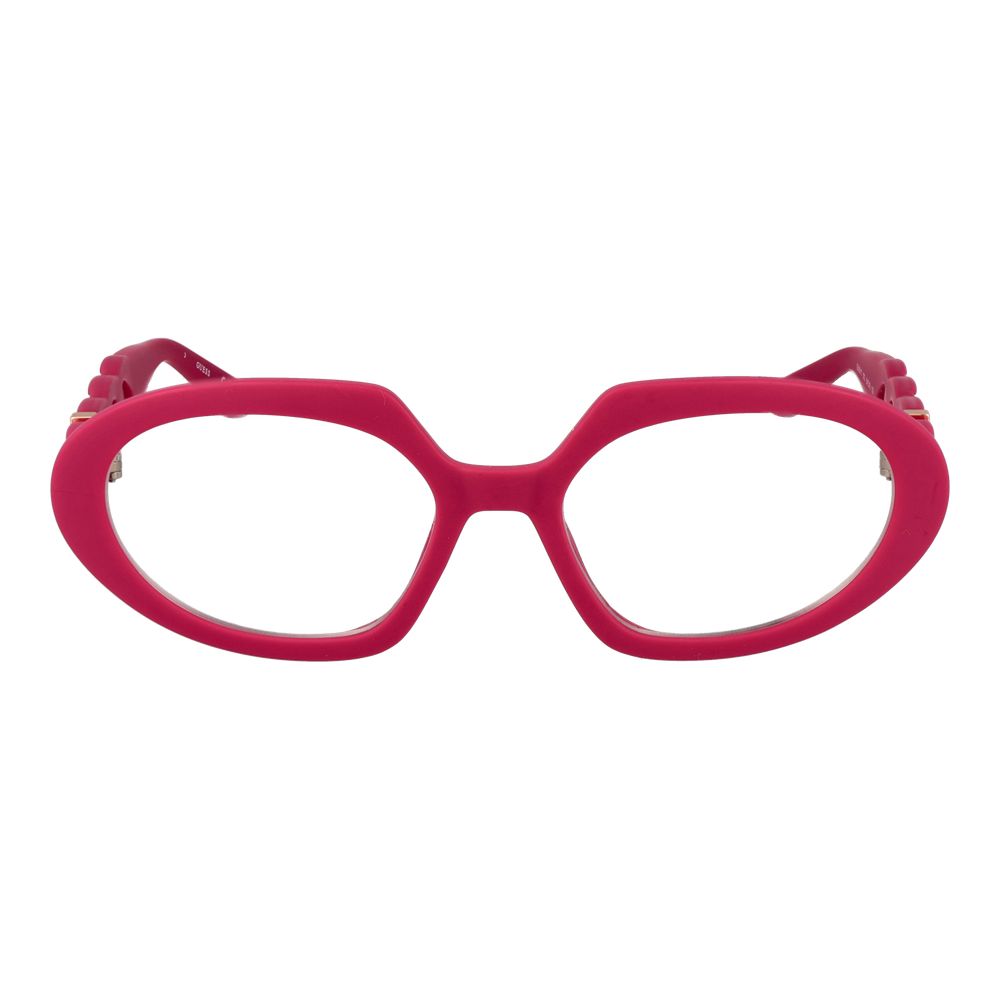 Guess Purple Women Glasses Frame, oval full-rim style, 54-18-135 size, plastic material, demo lenses, includes branded case.