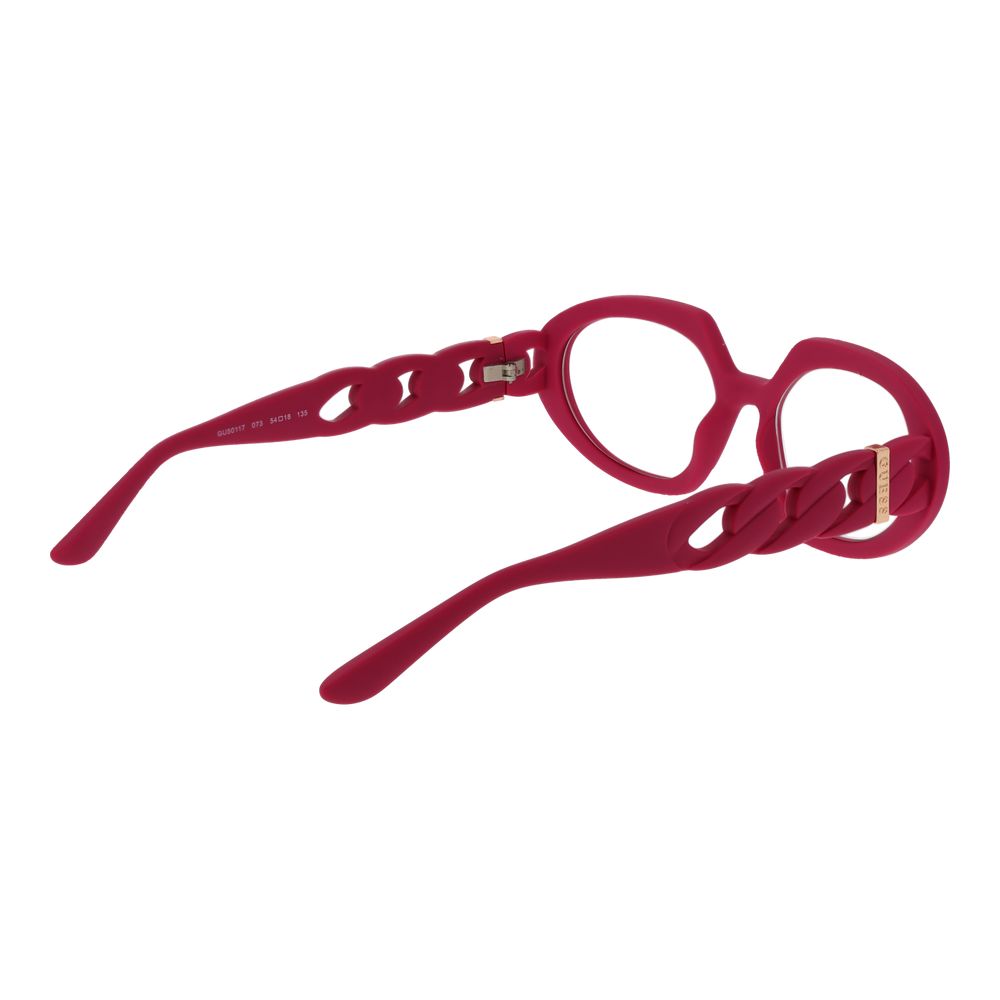 Guess Purple Women Glasses Frame in full-rim oval style, purple plastic frame and demo lenses, includes branded case, size 54-18-135.