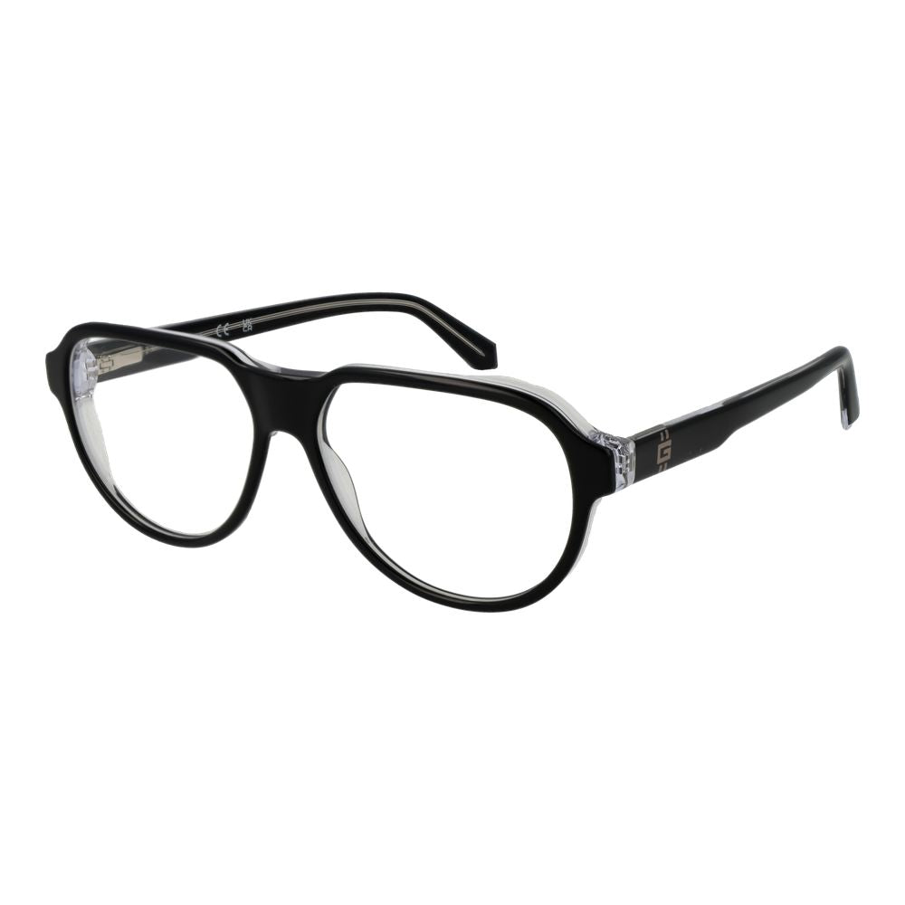 Guess Black Men Glasses Frame in acetate with demo lenses, full-rim aviator style, featuring 56-14-145 dimensions and branded case.