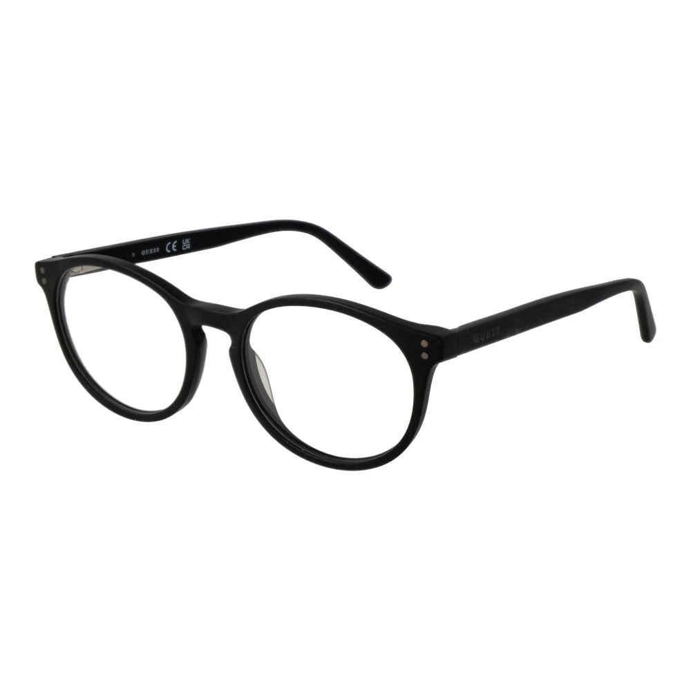 Guess Black Unisex Glasses Frame, round full-rim acetate with demo lenses, spring hinge, size 49-17-140, with branded case included.
