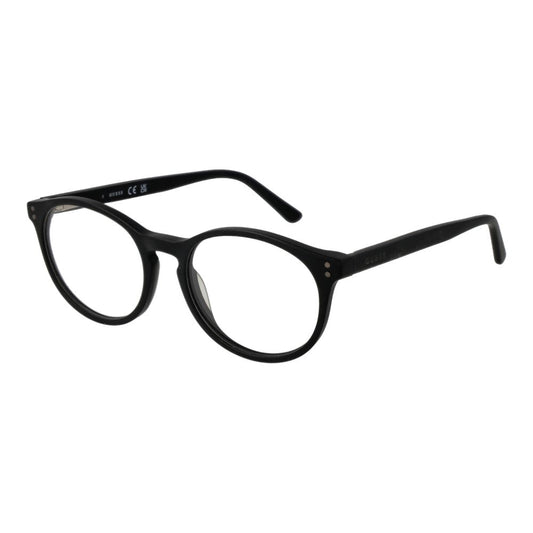 Guess Black Unisex Glasses Frame, round full-rim acetate with demo lenses, spring hinge, size 49-17-140, with branded case included.