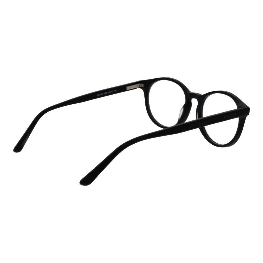 Guess Black Unisex Glasses Frame, acetate full-rim round style with demo lenses, size 49-17-140, includes branded case and spring hinge.