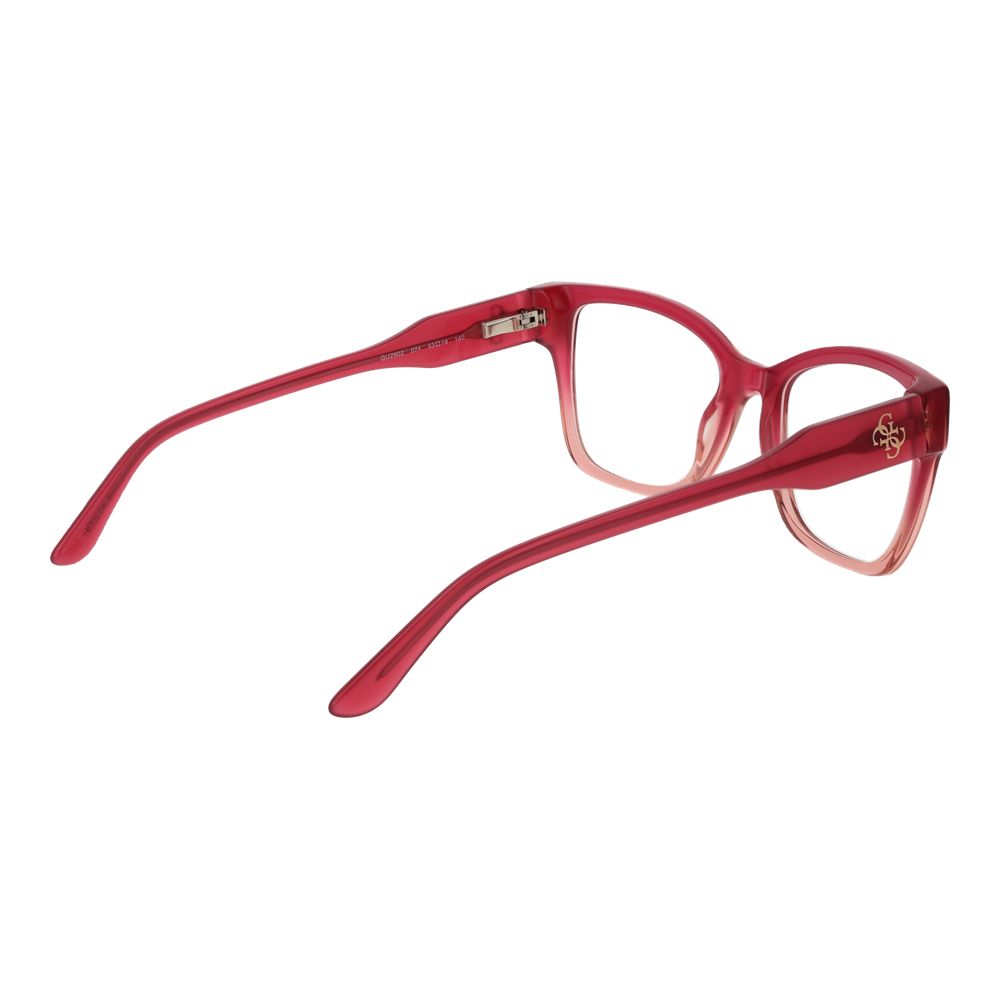 Guess Pink Women Glasses Frame, full-rim square style with rose acetate material and spring hinge, demo lenses.
