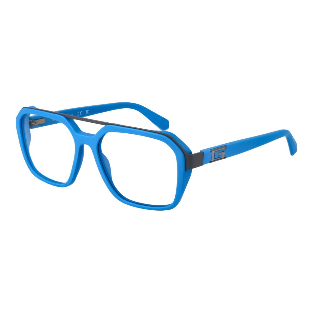 Guess Blue Men Glasses Frame, full-rim acetate aviator style, blue demo lenses, size 55-16-145, with branded case, spring hinge included.