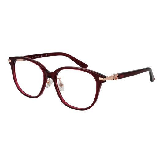 Guess Burgundy Women Glasses Frame in acetate, full-rim style with demo lenses, includes branded case.
