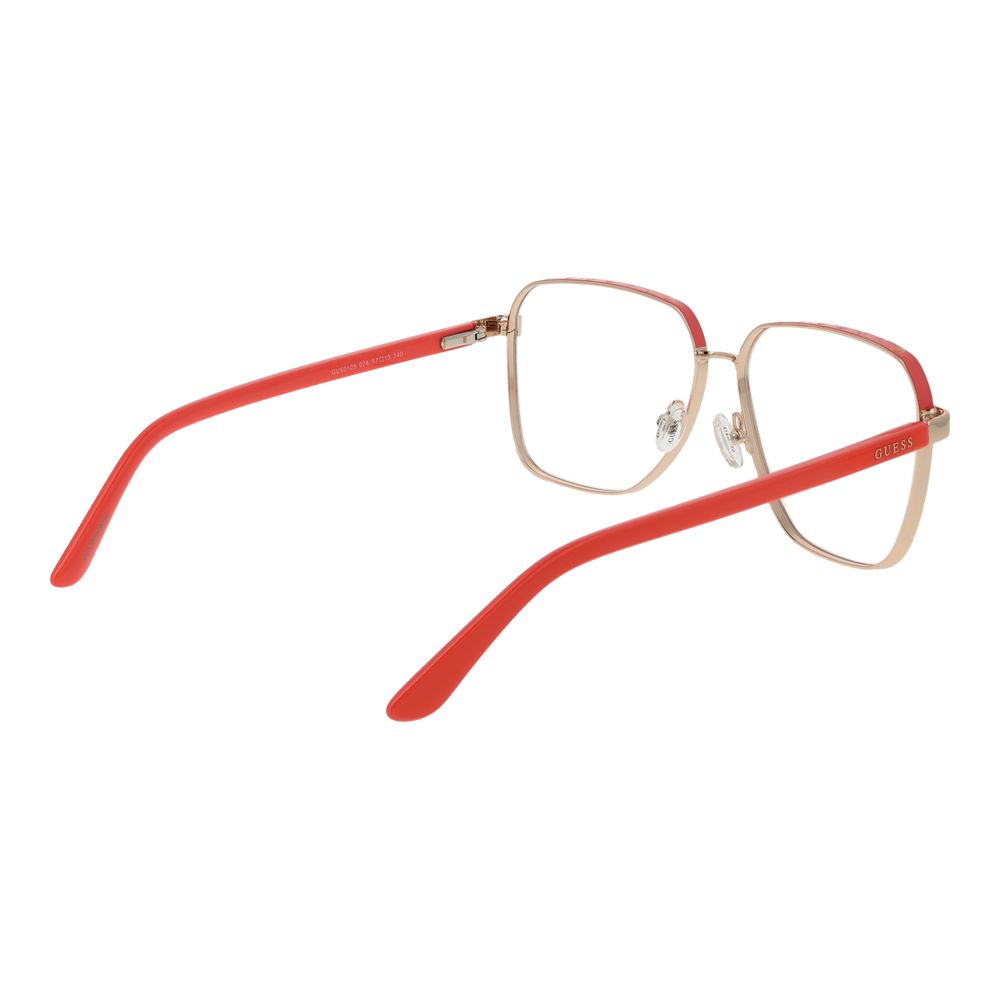 Guess Gold Women Glasses Frame, full-rim metal, square style with demo lenses, includes branded case, no extra protection, spring hinge.