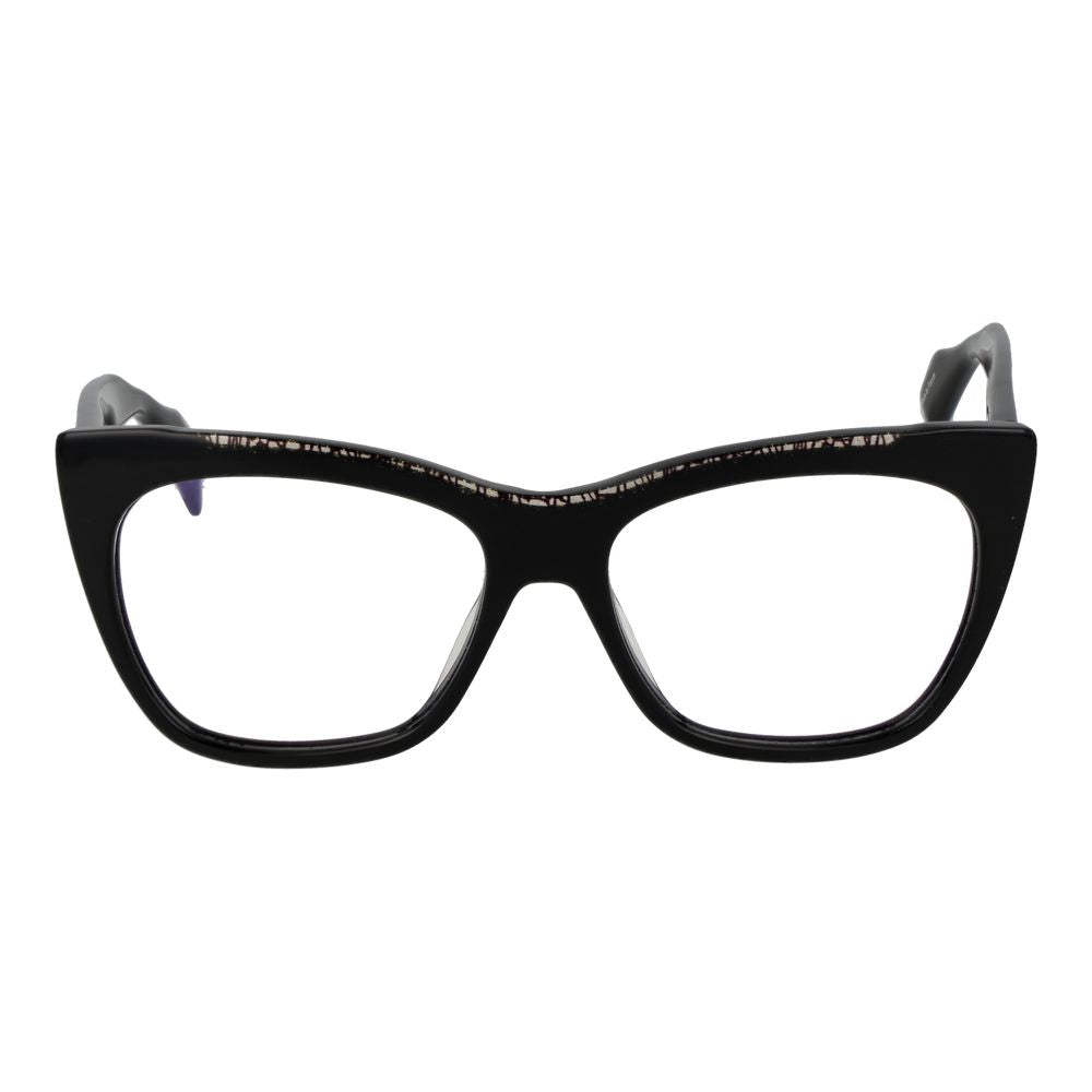 Yohji Yamamoto Black Men Glasses Frame, black full-rim cat eye style, plastic frame and lenses, size 54-16-145 with branded soft case.