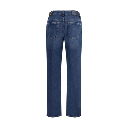 Back view of 7FOR Blue Cotton Straight-Leg Jeans with five-pocket design and belt loops in blue color.