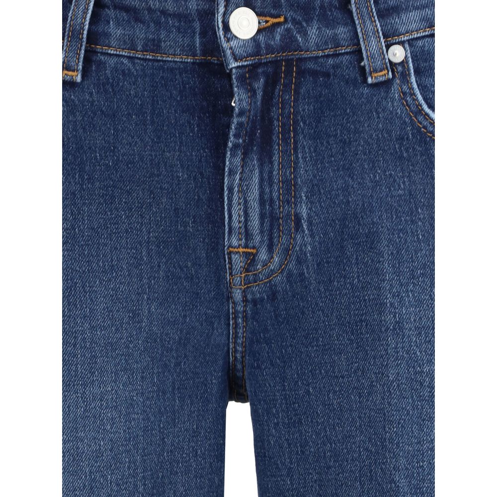 Close-up view of 7FOR Blue Cotton Straight-Leg Jeans, showcasing the front zip-and-button closure and classic five-pocket design.