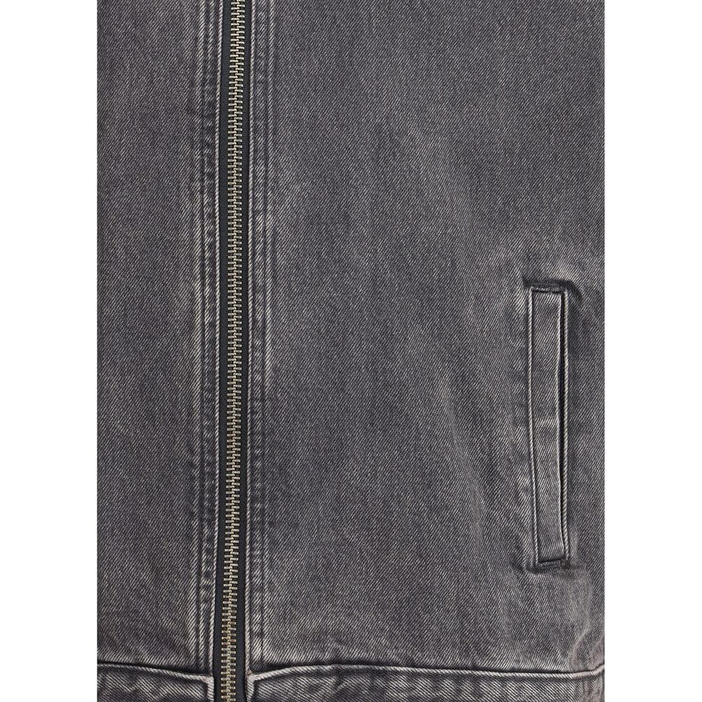 Close-up of 7FOR Gray Cotton Denim Jacket showing zipper and pocket details for a refined and versatile style.