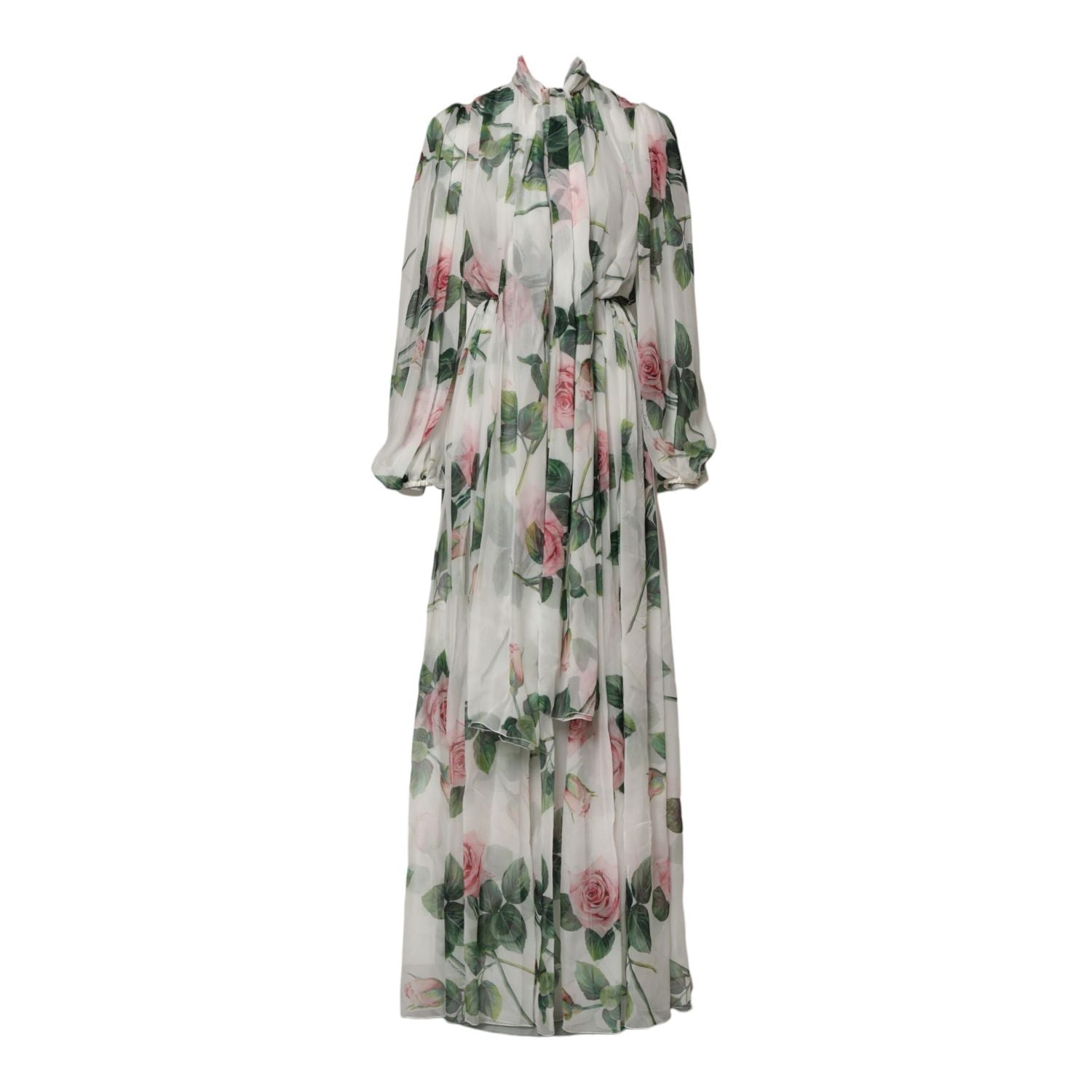 Dolce & Gabbana White Floral Roses Silk Maxi Long Gown Dress