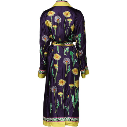 Dolce & Gabbana Blue Floral Print Silk Long Sleeves Wrap Robe