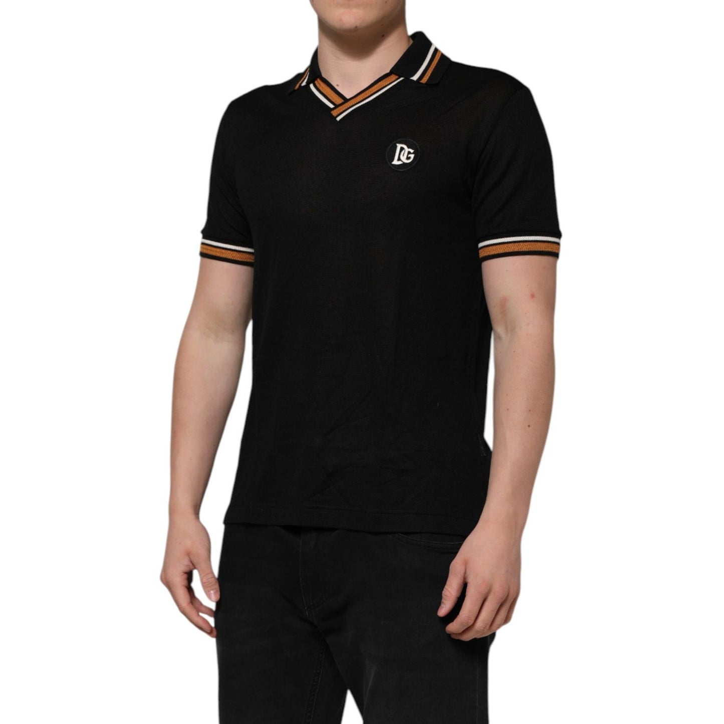 Dolce & Gabbana Black DG Silk Vneck Collared Men Polo T-shirt