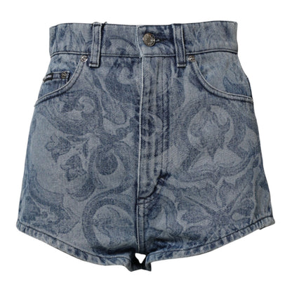 Dolce & Gabbana Blue Floral Print Denim Cotton Hot Pants Shorts