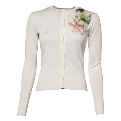 Dolce & Gabbana White Silk Lily Buttoned Cardigan Sweater