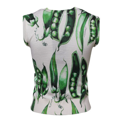 Dolce & Gabbana White Green Pea Print Sleeveless Blouse Top