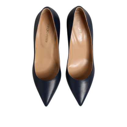 Sergio Rossi Blue Leather Pointed Toe Block Heels Shoes