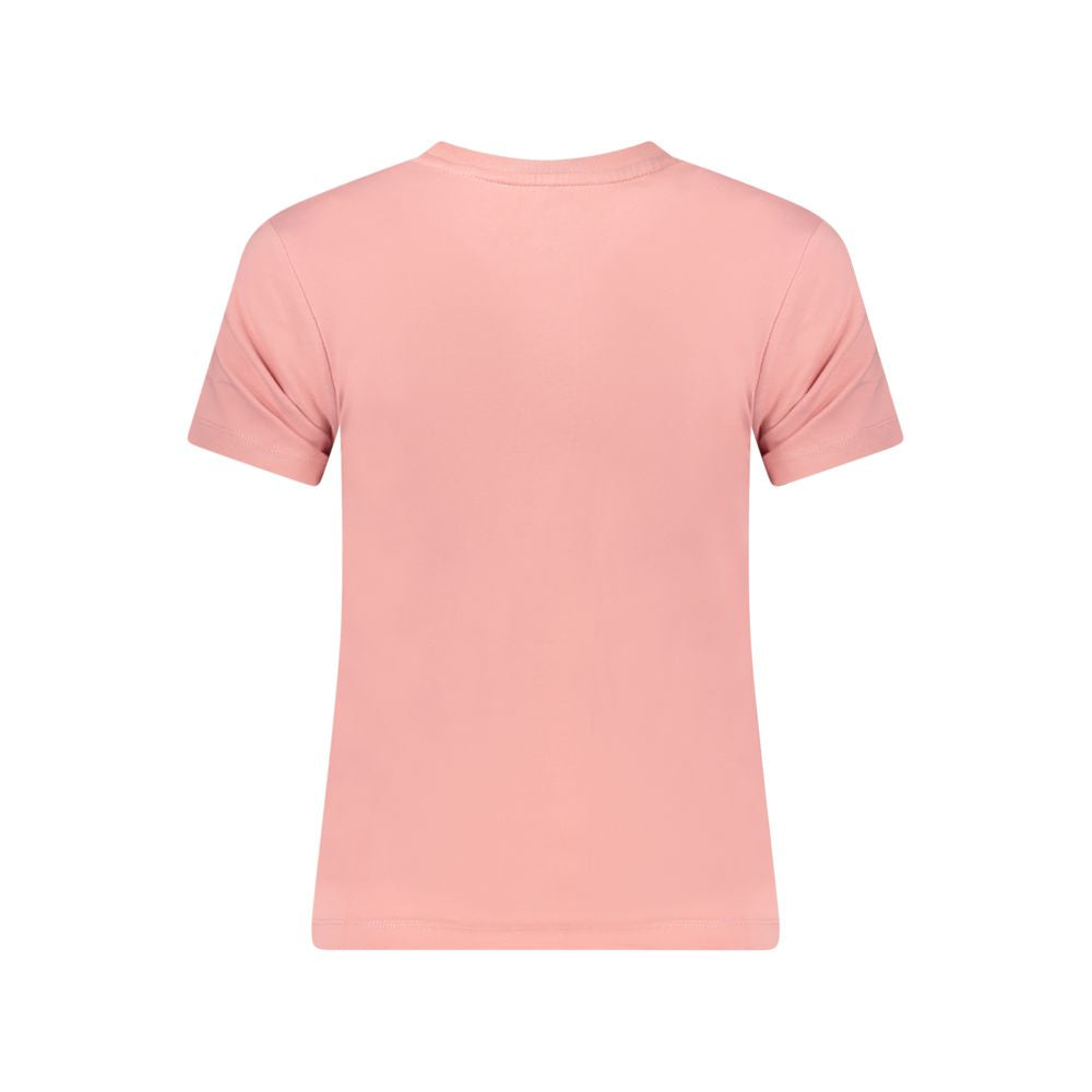 Back view of Guess Jeans Pink Cotton Women T-Shirt featuring slim fit and vibrant pink color with Guess logo branding.