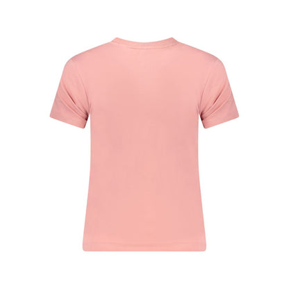 Back view of Guess Jeans Pink Cotton Women T-Shirt featuring slim fit and vibrant pink color with Guess logo branding.