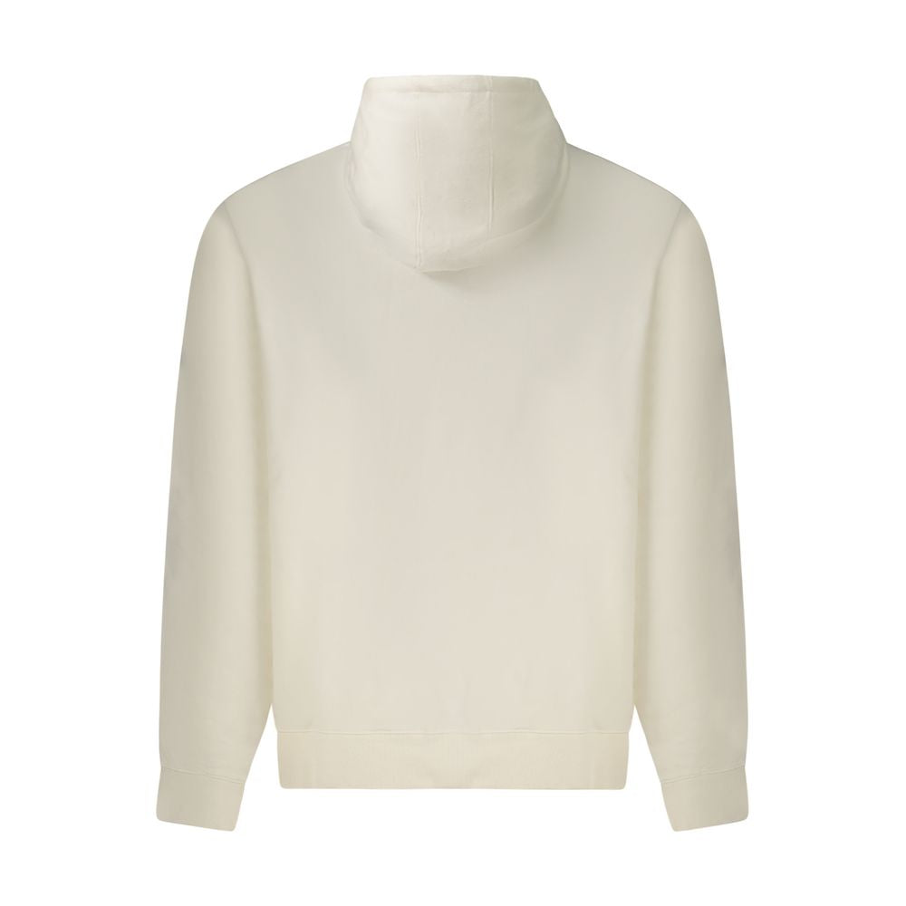 Back view of Guess Jeans White Cotton Sweatshirt, long sleeve hoodie with central pocket, embossed logo, made from organic cotton.