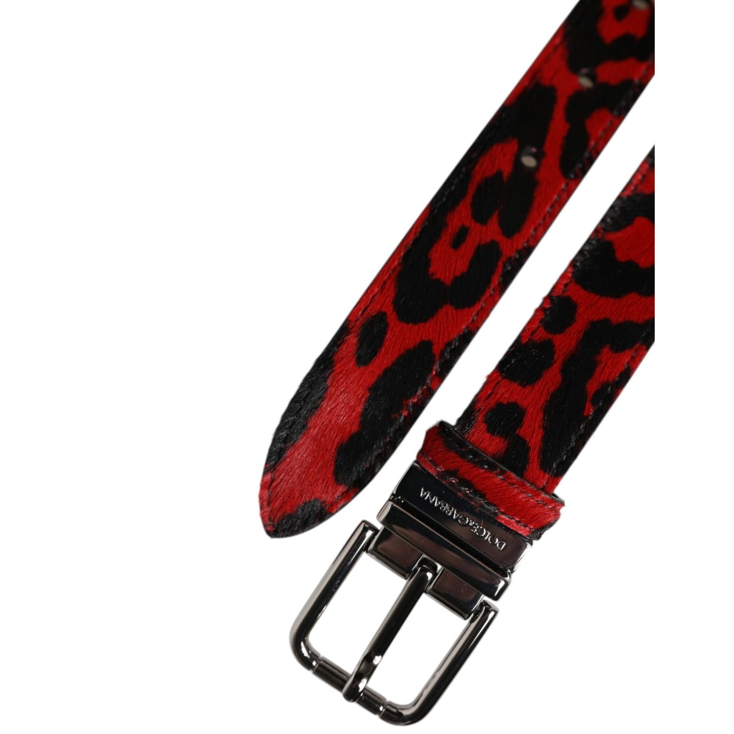 Dolce & Gabbana Black Red Leopard Silver Metal Buckle Belt