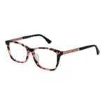 Guess Pink Women Glasses Frame in rose color with full-rim rectangular style and plastic material.