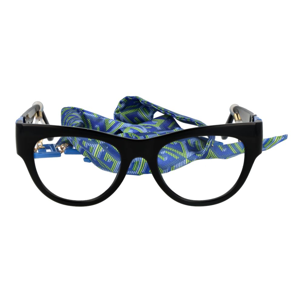 Guess Black Women Glasses Frame with blue eyewear chain, cat eye style, plastic material.
