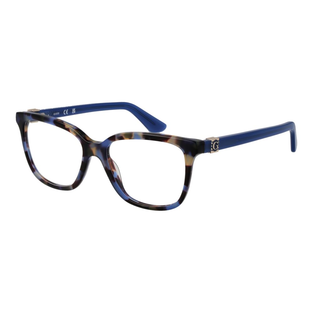 Guess Blue Women Glasses Frame with full-rim plastic design, rectangle shape, demo lenses, 49 size, blue color, and branded case included.