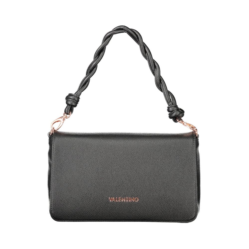 Mario Valentino Black Polyethylene Women Handbag with braided handle and detachable strap, featuring secure zip closure and elegant design.