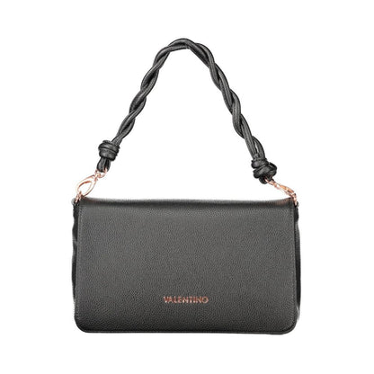 Mario Valentino Black Polyethylene Women Handbag with braided handle and detachable strap, featuring secure zip closure and elegant design.