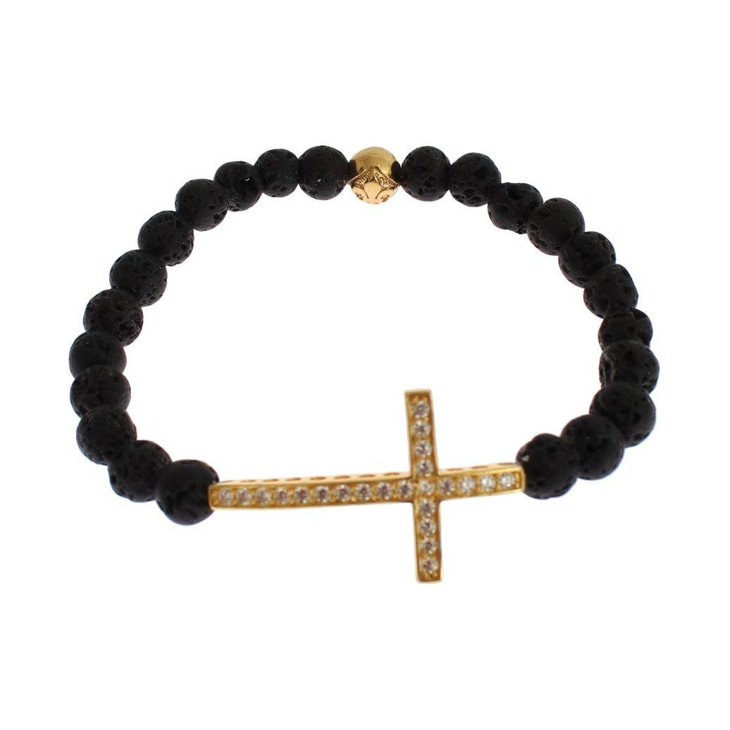 Nialaya Lava Stone Gold Clear CZ Cross 925 Silver Bracelet Bracelet