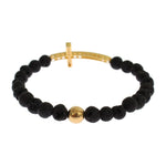 Nialaya Lava Stone Gold Clear CZ Cross 925 Silver Bracelet Bracelet